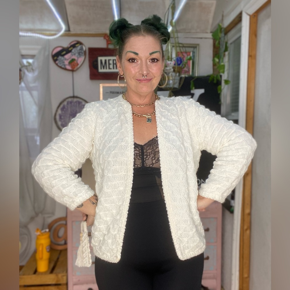 Vintage Sears & Roebucks White Knit Open Front Cardigan Size Small